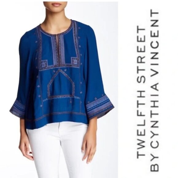 Twelfth Street by Cynthia Vincent Women's Size M Dark Blue Embroidered Boho Top - Picture 1 of 16